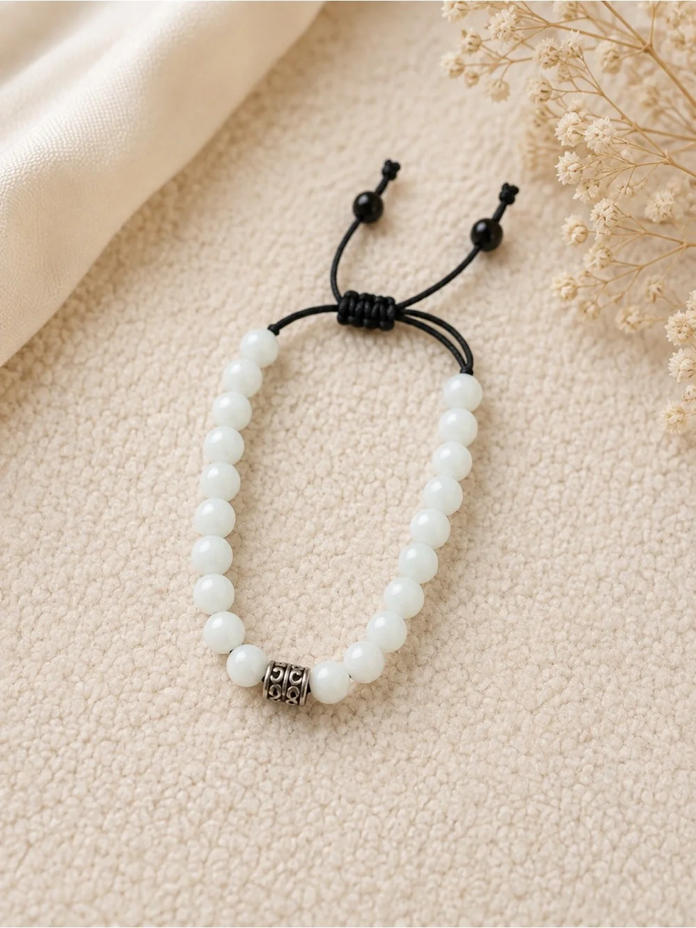 White Beaded Adjustable Bracelet with Silver Accent